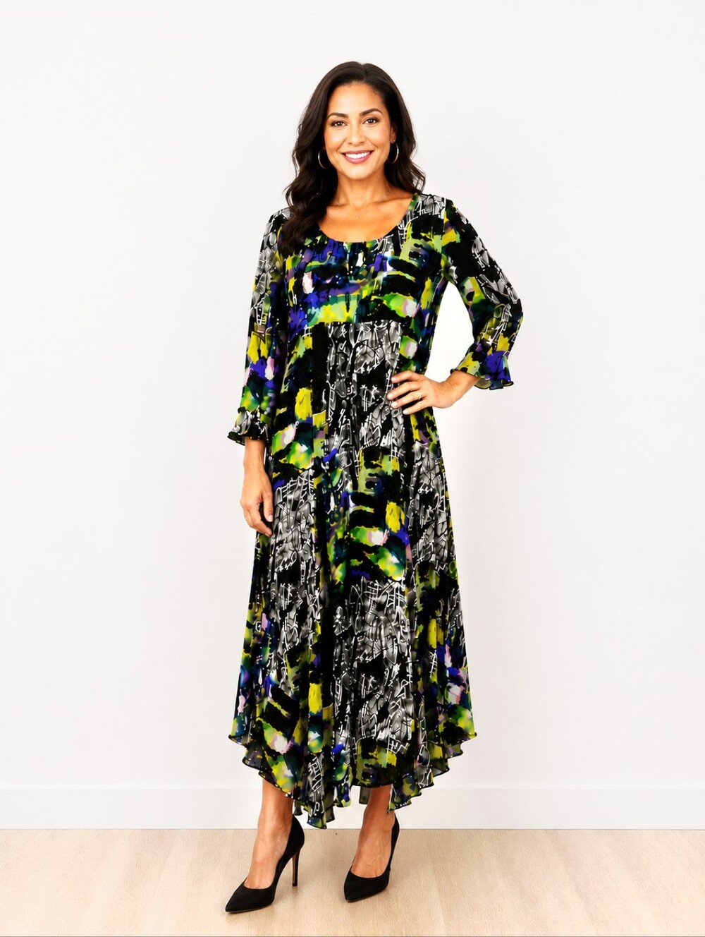 Ubu Artistic Print Crinkle Fabric  Dress with Asymmetrical Hemline, Size Medium